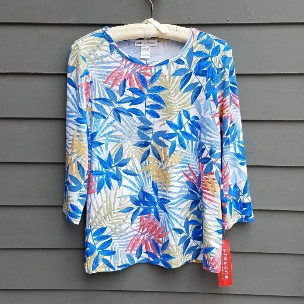 NWT Rebecca Malone Blue/Pink/White Fern Print Pop Over Light Sweater Size Small